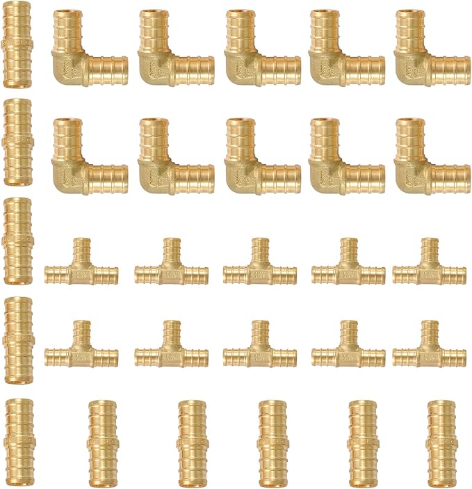 (Pack of 30) 1/2" PEX Fittings,90 Degree Elbow (10 PCS) + Tee (10 PCS) + Straight Coupling (10 PCS),Pex Brass Crimp Fitting Combo for PEX Pipe Tubing Connection,ASTM F1807