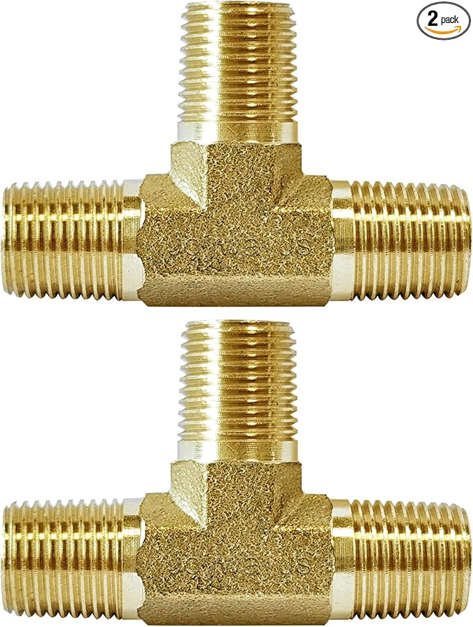 Joywayus 1/8 NPT Male Threaded Brass Tee Pipe Fitting T 3-way Adapter (Pack of 2)