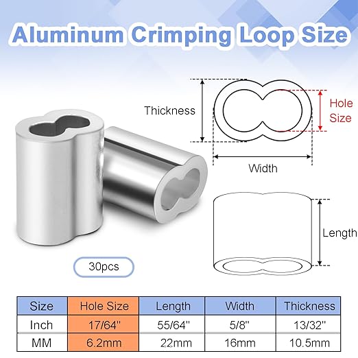 30Pcs 3/16"Cable Crimp Sleeves, Aluminum Wire Rope Crimping Loop Sleeve. Cable Ferrules for Cable and Wire Rope Crimp Double Barrel Crimp Sleeves (M5-3/16")