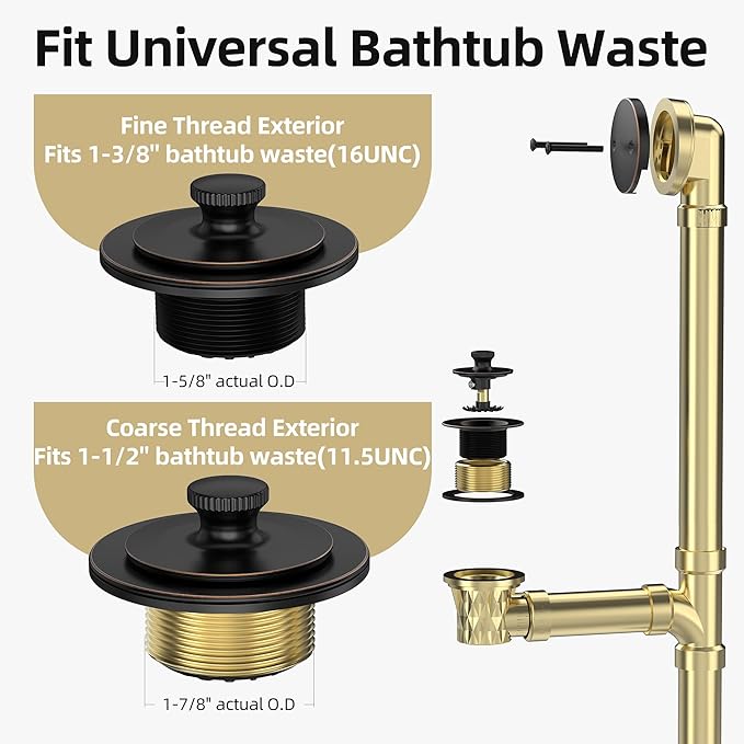 Oil Rubbed Bronze Bathtub Drain, Hair Catcher and 2-Hole Overflow Faceplate, 11.5/16 UNC, Lift and Turn Bathtub Drain Replacement, Tub Drain Stopper