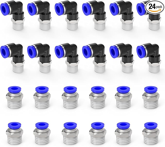 Nickel-plated Iron 1/4"Tube OD x 1/8"NPT 24Packs Quick Release Connectors Elbow and Straight Combination Thread Push to Connect Tube Fittings Kits