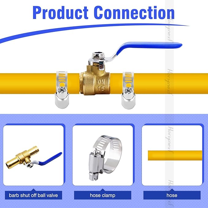 Brass 3/4 inch Barb Ball valve, water pipe air pex hose fuel line oil tubing hydro flow natural gas insulation,shut off with Clamps （ 2 pcs)