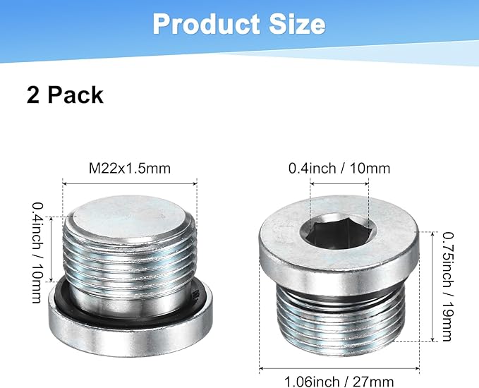 1-Pack M22x1.5mm Inner Hex Head Pipe Fitting Plug, Carbon Steel Sensor Socket Plug with Seal O-Ring for Terminate Pipe Ends/High Pressure Washer, Sealing Screw