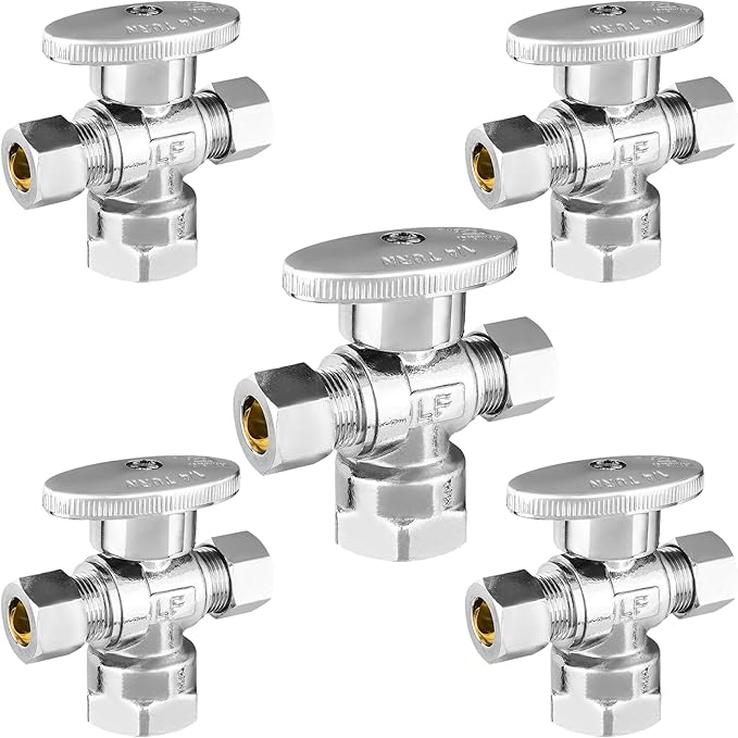 5-PCs HeSun Dual Compression Outlet Angle Stop Valve, 1/2" FIP x 3/8" OD Comp x 3/8" OD Comp, 1/4-Turn Shut Off Valve for Bathroom, PEX Chrome Plated Brass(VALVE369)