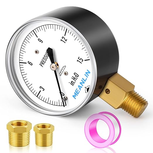 MEANLIN MEASURE 0-15 in H2O Diaphragm Type Capsule Low Pressure Gauge, 1/4" NPT, 2-1/4" Face Dial, Adjustable Water Column Gauge, Lower Mount