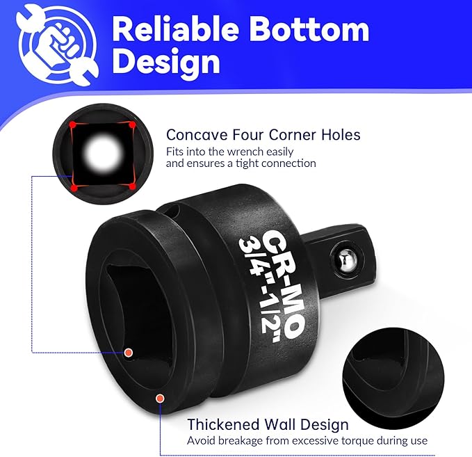 3/4" Female to 1/2" Male Impact Socket Adapter Reducer, Chrome Molybdenum Steel Driver Conversion Adapter, for Sockets and Impact Wrench
