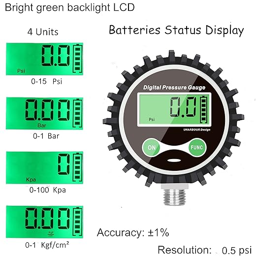 Digital Low Pressure Gauge with 1/4'' NPT Bottom Connector and Rubber Protector by Uharbour, 0.35-15 psi, Accuracy 1% .F.S.