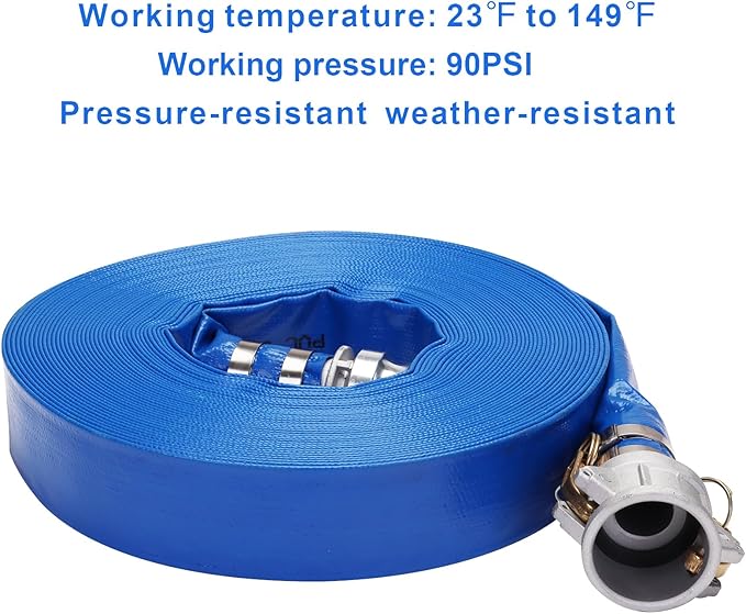 Lay-Flat Pool Backwash Hose - 1.5" x 100Ft with Aluminum Camlock C & E Fittings Reinforced Heavy Duty PVC Discharge Hose Weather-Proof Vinyl Pool Drain Hose for Water Transfer
