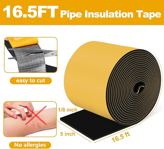DEMEDO Pipe Insulation Tape, Pipe Wrap Insulation Foam Tape Self Adhesive, Outdoor Water Pipe Insulation Roll for HVAC, AC Line Insulation, 5 inch x 16.5 FT Heat Tape for Water Pipe, Black