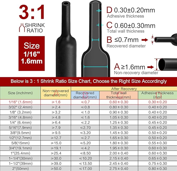 Chanzon 3:1 Ratio - 80ft Roll - Heat Shrink Tubing 1/16" (1.6mm) - Marine Grade Waterproof Adhesive Lined - (25M Total Length) Black Polyolefin Sleeving Wrap Shrinking 3 to 1 Ratio 1pcs