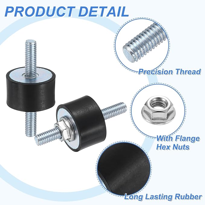 uxcell 4Pcs M6 x 18mm Rubber Mounts, 15 x 25mm Cylindrical Anti Vibration Isolator Studs Shock Absorber Double Studs with Nuts for Car Bobbin Generator Air Compressors