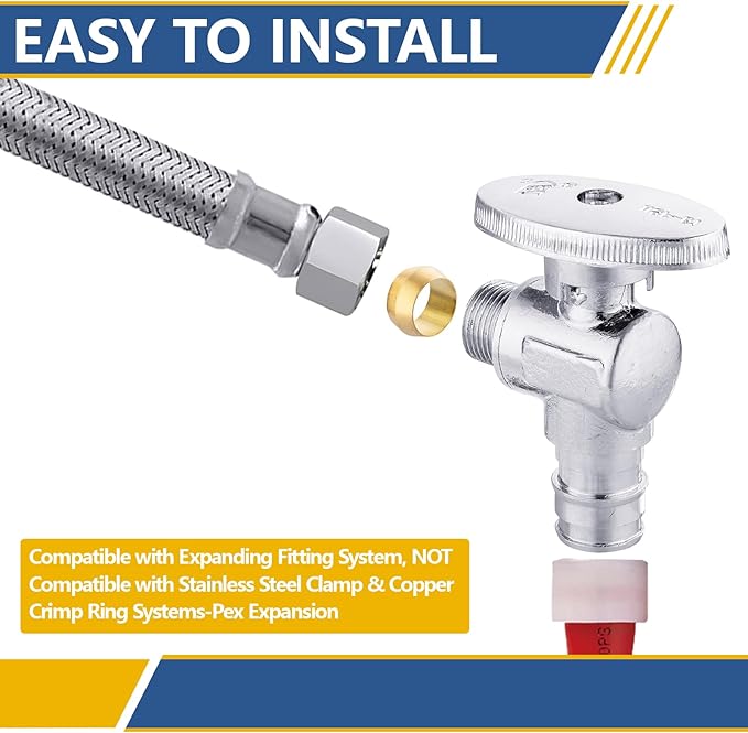 Angle Stop Valve,1/2 Inch Pex Expansion X 3/8 Inch OD Compression Angle Shut-off Valve with 1/4 Turn on/off (Pack of 20,ASTM F1960)(VALVE094-20Pack)