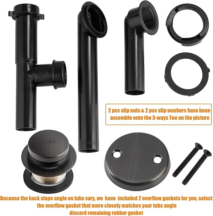 Artiwell 1-1/2" Black Tubular Bath Drain Kit with Tip-Toe Bath Drain Stopper, Touch-Toe Tub Drain, Tip Toe Bathtub Drain Waste and Overflow With Plug and Bathtub Overflow Drain Cover,Oil Rubbed Bronze