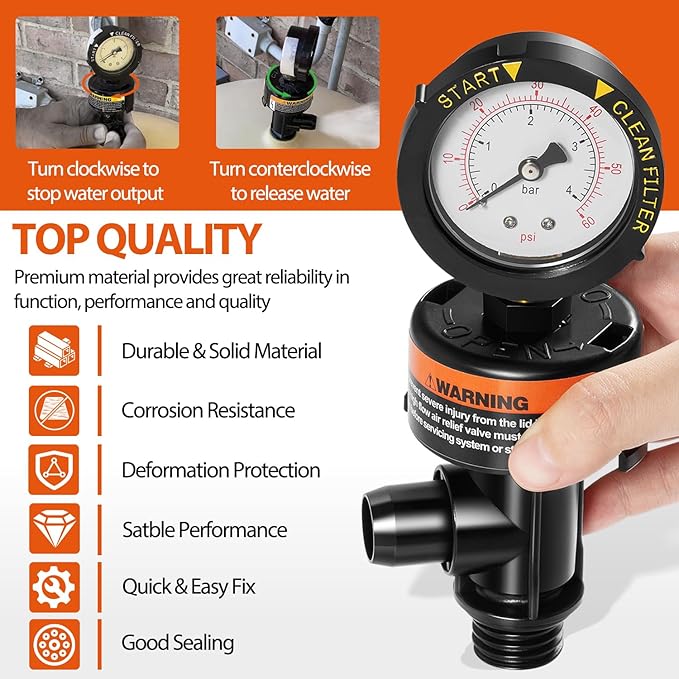 98209800 High Flow Manual Relief Valve/Air Relief Manual Valve Assembly with Pressure Gauge, Replacement for Pool and Spa Filter (98209800+87300400)