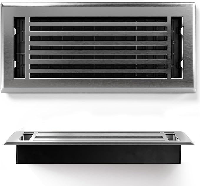 Floor Register 4x10 Vent Cover – 2 Pack – Heavy-Duty Steel, Rustproof & Walkable Grates, Drop-in Install, Adjustable Air Supply Switch - Decorative Straight Line Design, Brushed Nickel