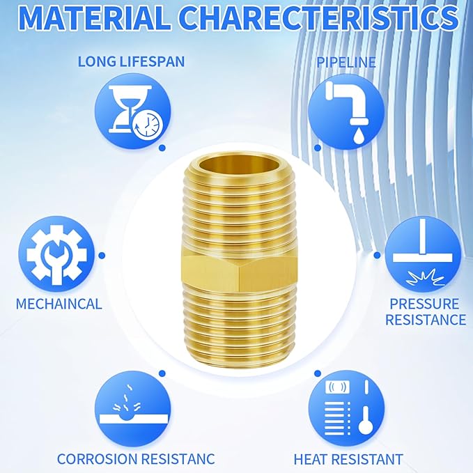 ChillWaves Brass Pipe Fitting, Hex Nipple 1/4" NPT Male x 1/4" NPT Male Thread Adapter(3-PACK)