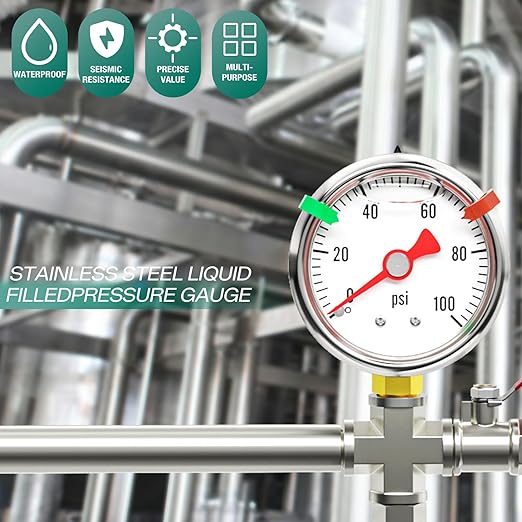 0-100psi Stainless Steel Glycerin Liquid Filled Pressure Gauge1/8 NPT 1.5" Dial, Lower Mount Designed for Pressure Testing of Water, Oil and Air (with Range Mark Pointer)