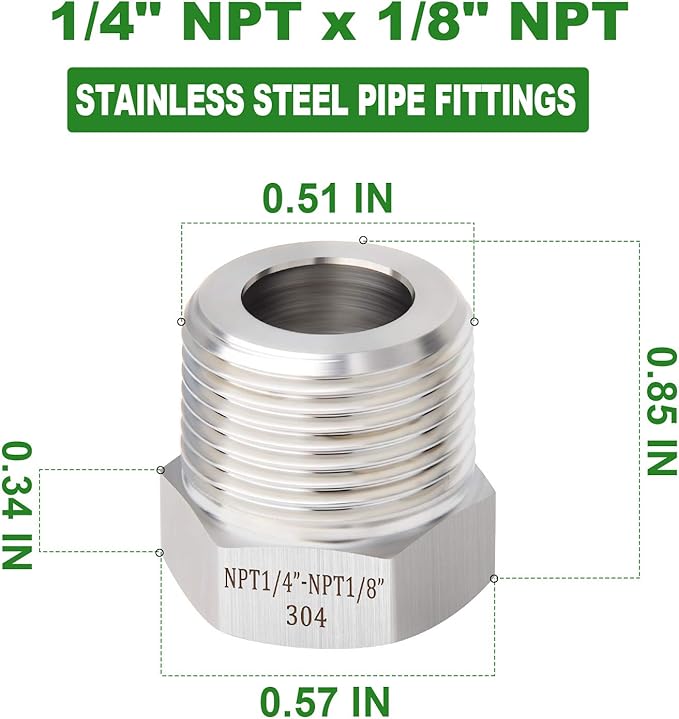 TAISHER 5PCS Forging of 304 Stainless Steel Reducer Hex Bushing, 1/4" Male NPT to 1/8" Female NPT, Reducing Forging Pipe Adapter Fitting