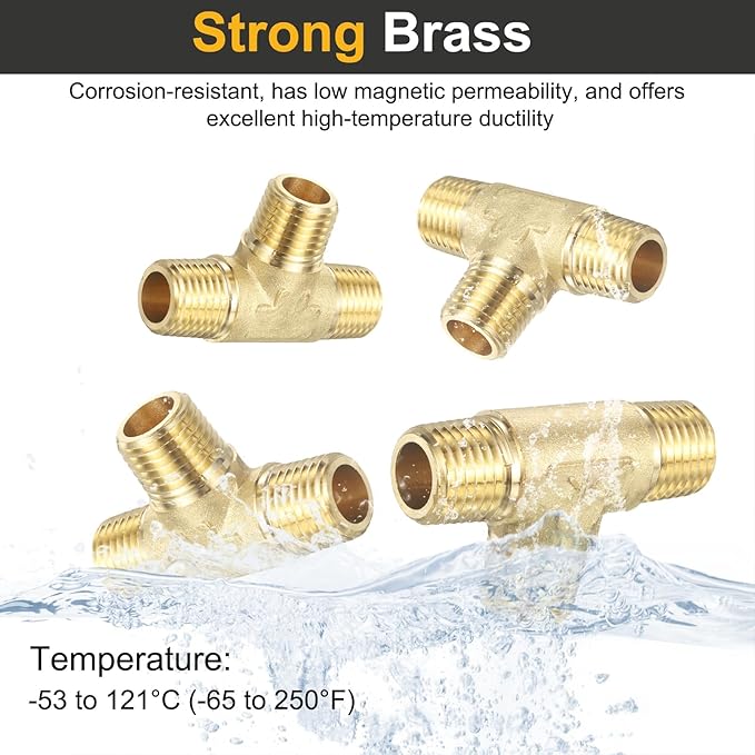 PATIKIL Brass Tee Fitting, 1Pcs 1/4" x 1/4" x 1/4" NPT Male Pipe 3 Way Forged Brass Barstock Street Tee Pipe Fittings for Water Gas Refrigeration