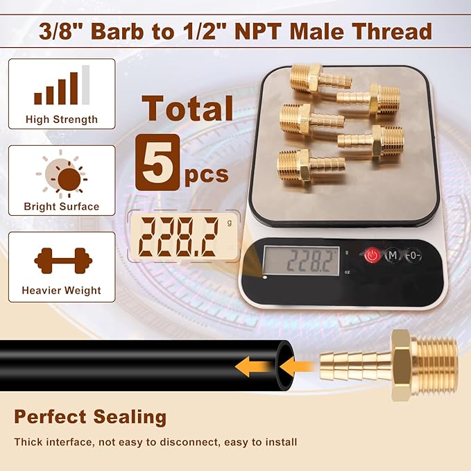 5pcs Brass Hose Barb Fittings 3/8 Inch Barb to 1/2 Inch NPT Male Thread Air Hose Fittings Adapter Connector Water Fuel Air Line Fittings 3/8” Barb × 1/2” NPT Brass Fittings