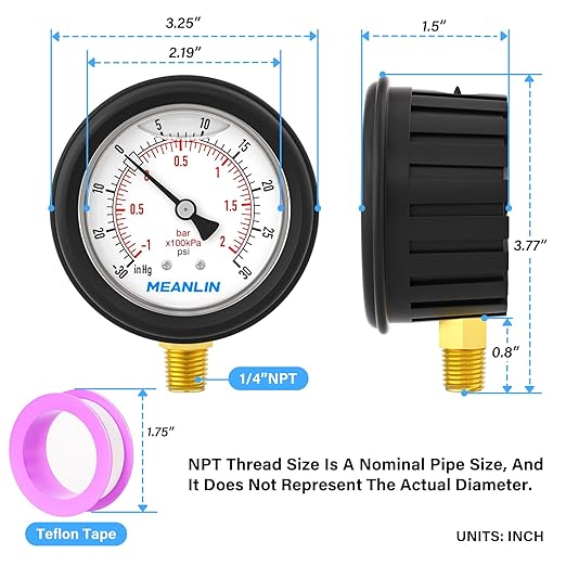 MEANLIN MEASURE -30inHG~30Psi Stainless Steel Vacuum Pressure Gauge 1/4" NPT 2.5" FACE DIAL with Rubber Protective Sleeve, Lower Mount