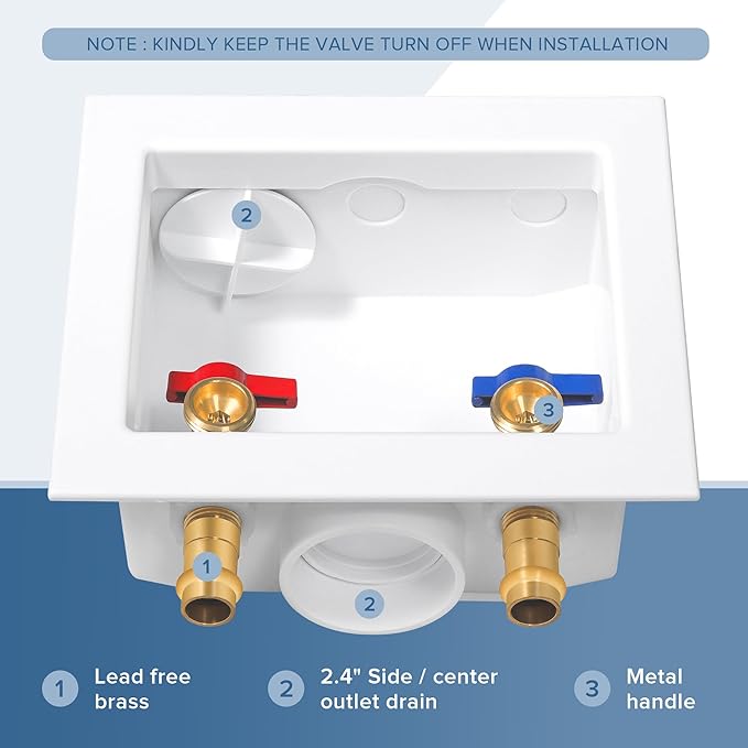 Press Washing Machine Outlet Box with Center Drain, 1/2 Inch Press x 3/4 Inch MHT, Washer Faucet Recessed Box, Laundry Washer Valve Outlet Box