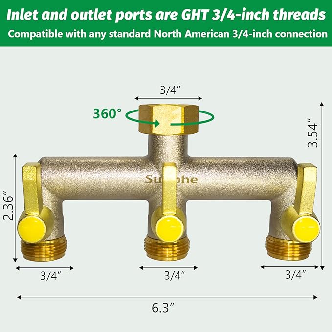 Garden Hose Splitter, Water Hose Splitter 3 Way Heavy Duty Brass Nickel Plated, Extended Metal Handle 3/4-Inch Hose Manifold, Rust and Freeze Resistant High Flow Outdoor Faucet Splitter