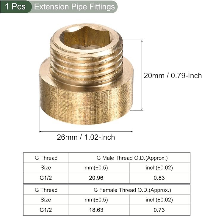YOKIVE Extension Pipe Fitting, G1/2 Female to G1/2 Male Thread Reducer Adapter Connector, Great for Bathroom Pipe Device, Water Pipe (Golden, 10-mm)