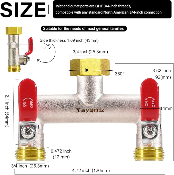 2 Way Garden Hose Splitter, Heavy Duty Brass Nickel Plated Rust Resistant Faucet Manifold, 3/4" Frost Resistant Outdoor Hose Adapter Connector，Hose Spigot Adapter with 2 large red handles