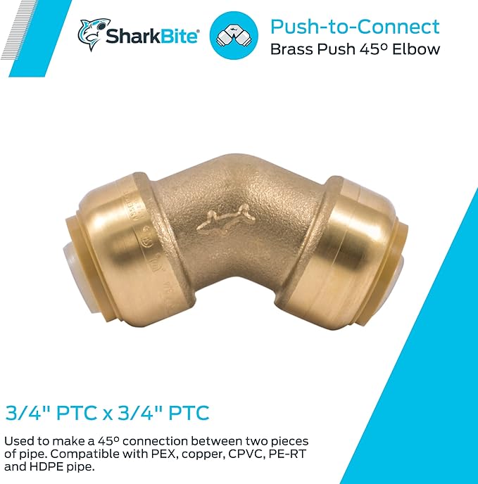 SharkBite 3/4 Inch 45 Degree Elbow, Push to Connect Brass Plumbing Fitting, PEX Pipe, Copper, CPVC, PE-RT, HDPE, U656LFA