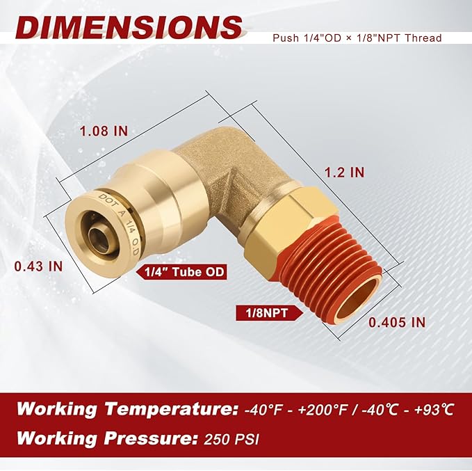 1/4" Quick Push to Connect Fittings Brass 90 Degree Union Swivel Elbow Joint DOT Approved 1/4" Tube OD x 1/8" NPT Thread Air Brake Line Adapter Air Suspension Kit for Car Truck Trailers 2pcs