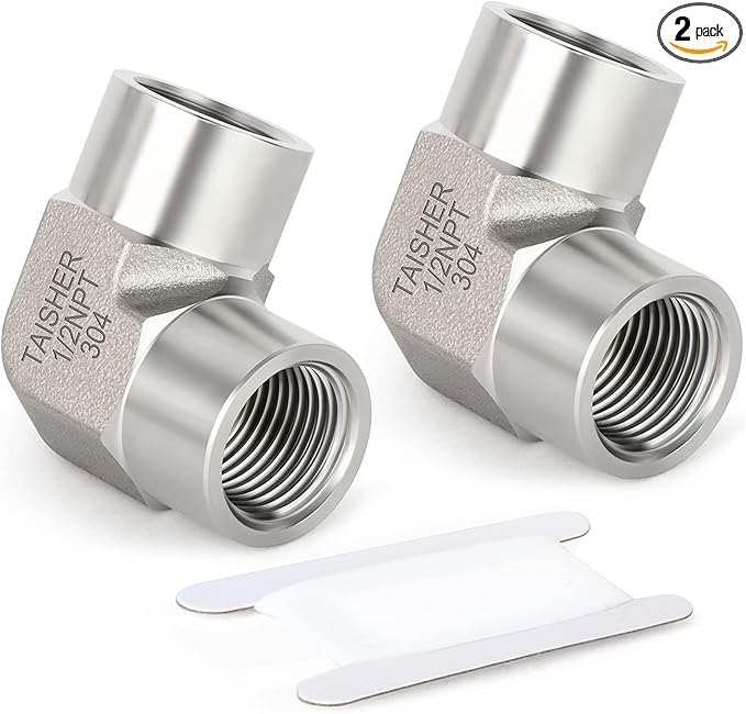 TAISHER 2PCS 304 Stainless Steel 90 Degree Barstock Street Elbow, 1/2 Inch NPT Female Pipe to 1/2 Inch NPT Female 304 Stainless Pipe Fitting