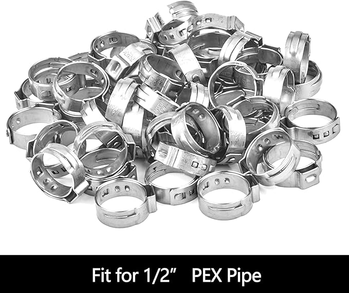 50 Pack 1/2 Inch PEX Cinch Clamp Rings, Stainless Steel Crimp Pinch Ring Clamps for PEX Tubing Pipe Fitting Connections