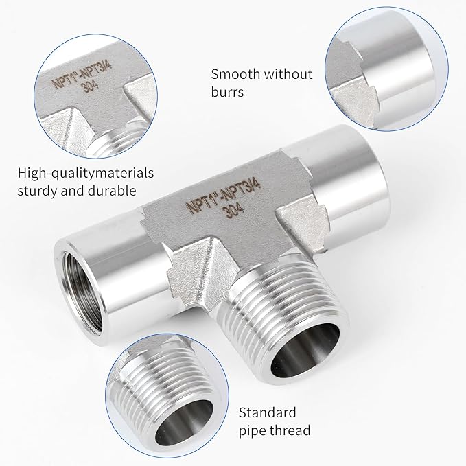 2 piece,NPT3/4 Female - NPT1" Male - NPT3/4 Female tee, 3WayConnector, Fabricate of 304 Stainless Steel.