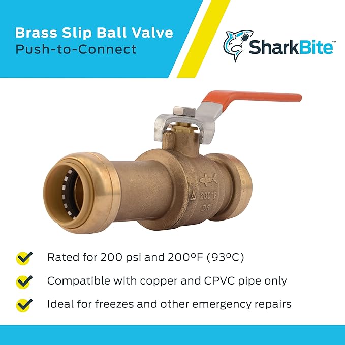 SharkBite 1 Inch Slip Ball Valve, Push to Connect Brass Plumbing Fitting, PEX Pipe, Copper, CPVC, PE-RT, HDPE, 24737LF