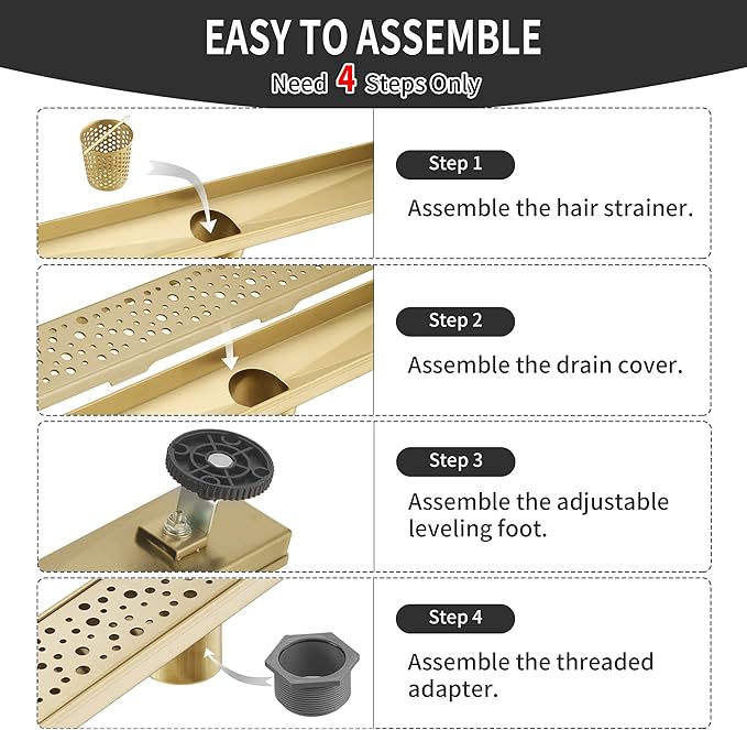Linear Shower Drain 28 Inch, Bubbles Shower Drain SUS-304 Stainless Steel, 51L/Min Fast Drainage Floor Linear Drain, US Standard CUPC Certified, Zirconium Gold, SD-099