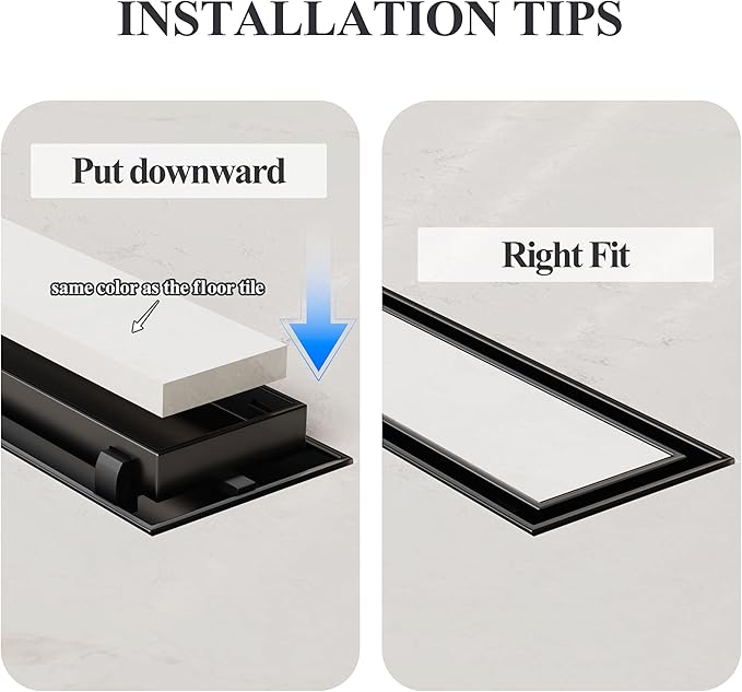 24 Inch Linear Shower Drain Black Floor Drain with Removable SUS304 Stainless Steel CUPC Certificate and 2-in-1 Tile Insert Grate Cover