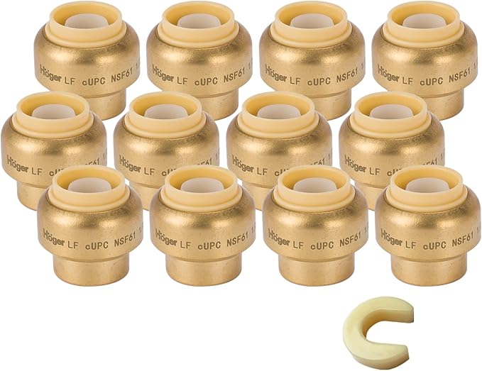 3/4 Inch Push End Cap,12 Pack PEX Brass Push-fit End Cap Plug with 1 Pack Discount Clip, Push-to-Connect Plumbing Fittings for Copper, PEX Pipe, CPVC