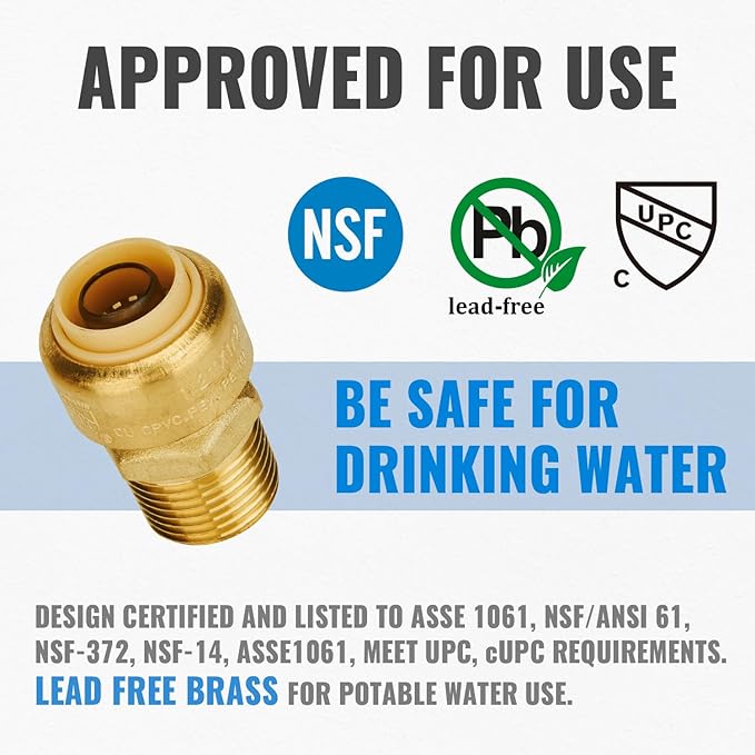 SUNGATOR 1/2 Inch Male Adapter, 1/2 Inch MNPT Adapter, No Lead Brass Push-to-Connect Plumbing Fittings for Pex Pipe, Copper, CPVC, with 1 Disconnect Clip, Pack of 12