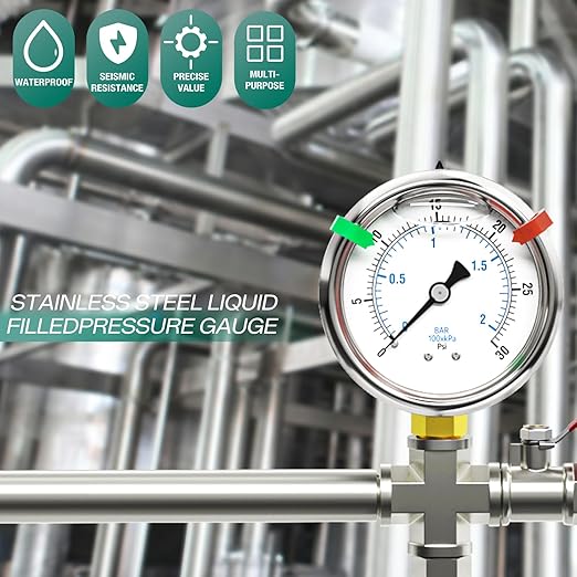 0-30psi Stainless Steel 1/4" NPT 2.5" Dial, Glycerin Liquid Filled Pressure Gauge Lower Mount Designed for Pressure Testing of Water, Oil and Air (with Range Mark Pointer)