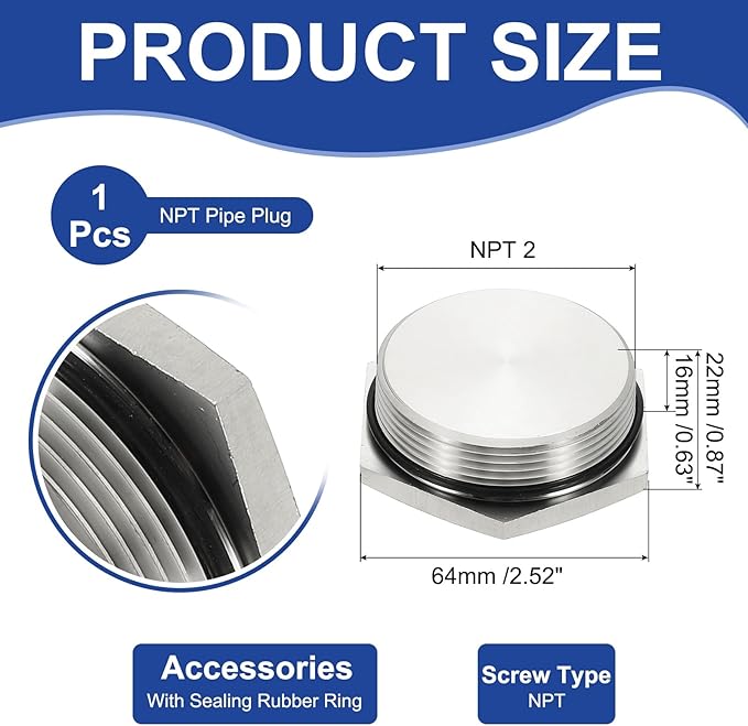 MECCANIXITY NPT Pipe Plug Fitting, 304 Stainless Steel NPT 2 Male Outer Hex Thread for Plumbing Fixed with Sealing Rubber Ring