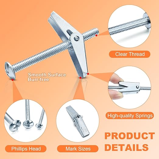 24PCS Toggle Bolt and Wing Nut Set, Hollow Wall Anchors Zinc Plated Carbon Steel, 3 Sizes (1/8'', 3/16'', 1/4''), Hangs Heavy Items on Drywall, Hollow Brick, Wood, Cement Fiberboard
