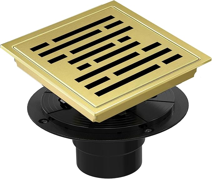 6 Inch Square Shower Floor Drain, Shower Drain Kit with Flange, Square Shower Drain, SUS 304 Stainless Steel Floor Drain,Brushed Gold