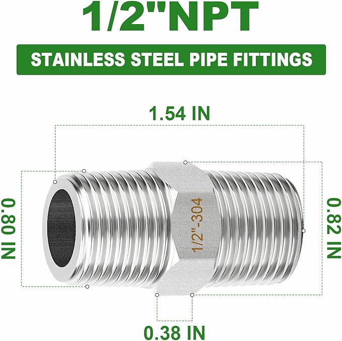 TAISHER 10PCS 304 Stainless Steel New Hex Nipple, 1/2" NPT Male x 1/2" NPT Male, Pipe Adapter Fitting