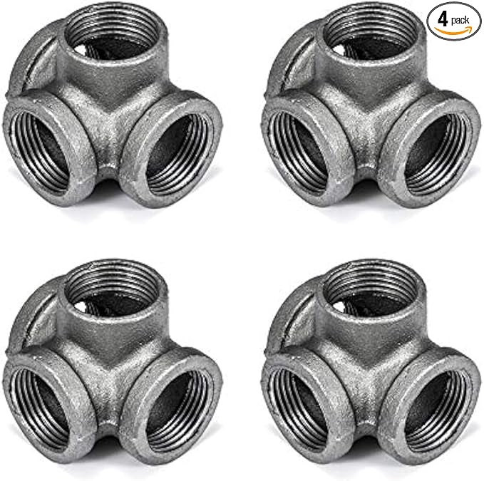 1" 4-Way Side Outlet Tee, Home TZH 4-Pack 4-Way Corner Cast Black Malleable Iron Pipe Fitting for Industrial Pipe, Furniture and DIY Decoration (4, 1")