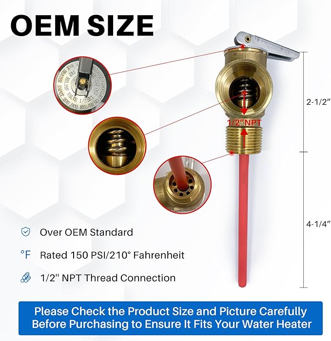 Upgrade 1/2" NPT Thread 210°F 150 PSI Temperature Pressure Relief Valve for Atwood/Dometic RV Water Heaters, Thickened Brass Safety Valve for Hot Water Heaters and Tanks with Extended Probe