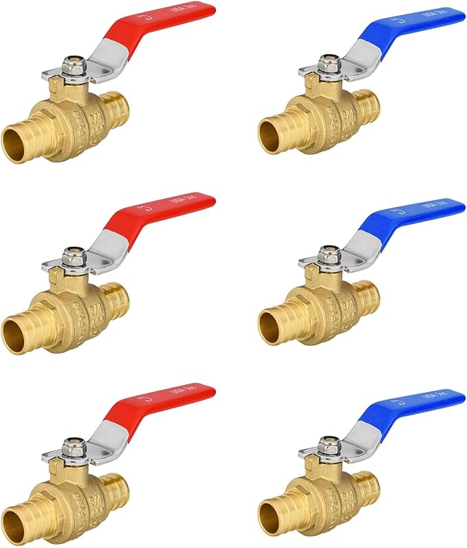 6-Pack Foskan 3/4" PEX Crimp Ball Valve, Brass Quarter Turn Full Port Shut-off Valve for PEX Tubing(Blue and Red)