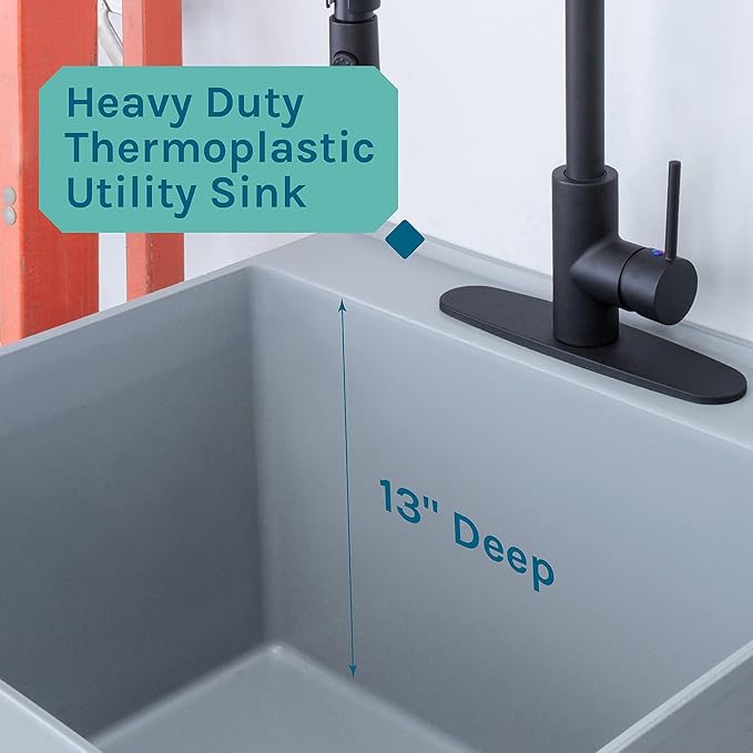 Utility Sink Extra-Deep Laundry Tub in Grey with High-Arc Coil Pull-Down Sprayer Faucet in Matte Black, Integrated Supply Lines, P-Trap Kit, Heavy Duty Floor Mounted Freestanding Wash Station