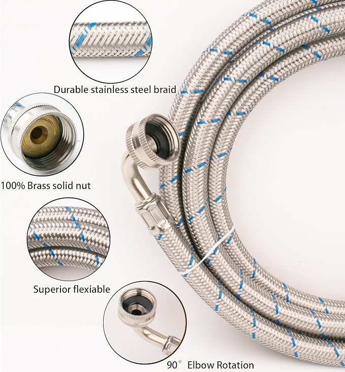 WHK 2 Pack 10ft Washing Machine Hoses Stainless Steel Washer Hoses with 90 Degree Elbow Washer Hot and Cold Water Hose Connection Inlet Washer Supply Lines