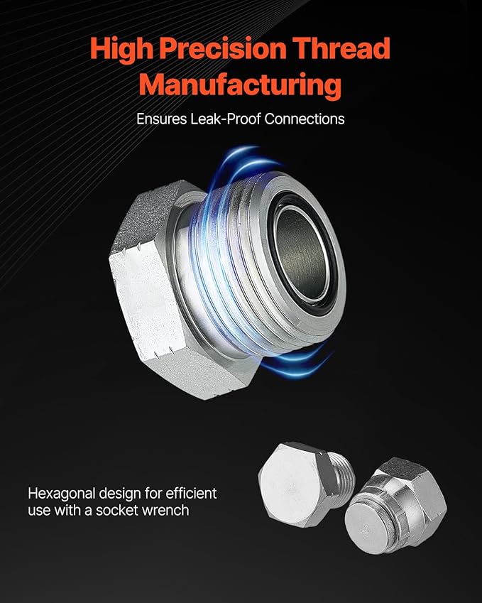 VEVOR 64 PCS BSPP Hydraulic Fittings, Hydraulic Cap and Plug Kit with Precision Threading, Galvanized Steel Heavy Duty Hydraulic Fitting Adapter Kit, Dash Sizes 04/06/08/10/12/16